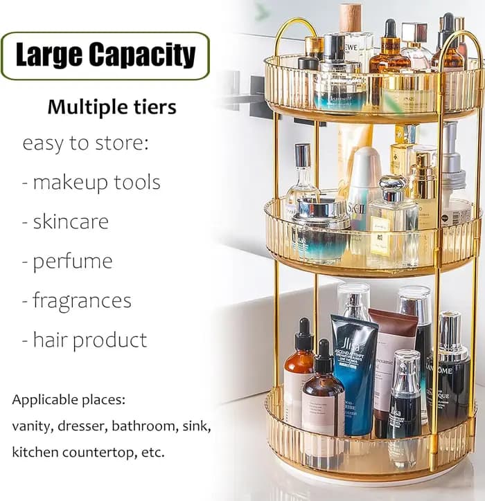 Organisateur de maquillage rotatif pour vanité à 3 niveaux, haute capacité pour soins de la peau, st
