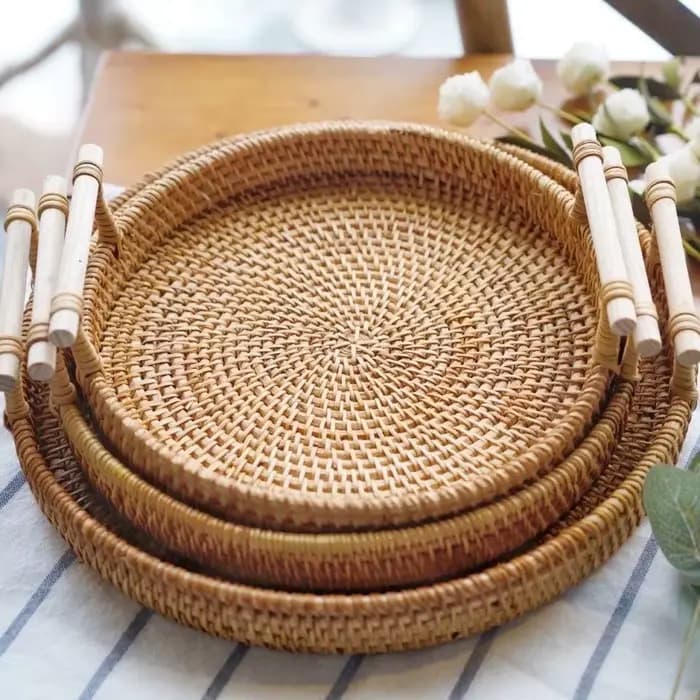 Plateau en rotin tissé à la main et panier de conservation des aliments | Organisateur de cuisine écologique avec