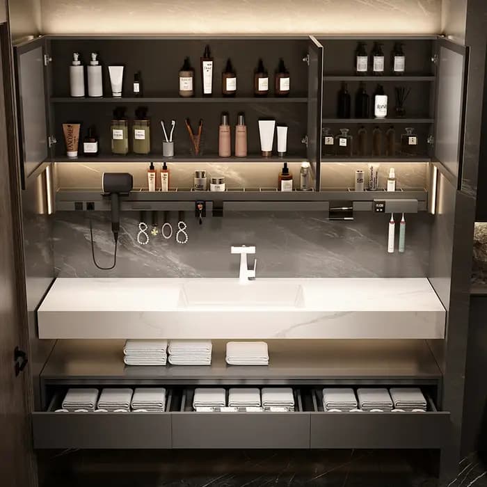 Vanité combinée d'armoire de salle de bain, salle de bain intégrée en dalle de roche en céramique sa