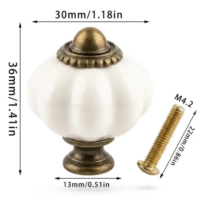4 poignées de meuble en céramique blanches antiques en forme de citrouille
