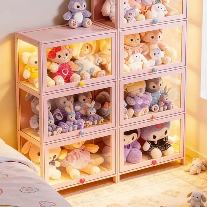 Vitrine de présentation multifonctionnelle en verre rose, anti-poussière, pour figurines et objets de collection