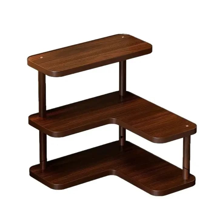 Étagère d'angle en L à 3 niveaux en bois, support de rangement de bureau en noyer, organisateur d'épices de cuisine pour station à café, comptoir et présentoir à tasses