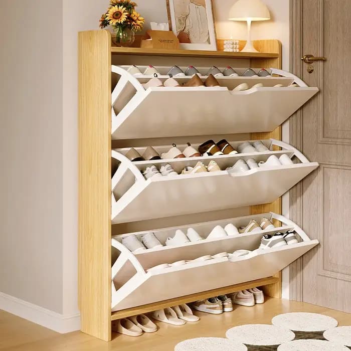 Meuble à chaussures stable en bois massif, grande capacité, rangement multi-niveaux intégré, pour la maison, petit et étroit, avec bac basculant.