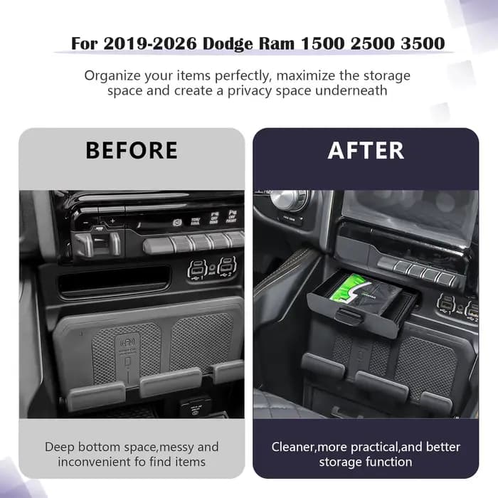 Boîte de rangement à tiroirs pour Dodge RAM 1500 2500 3500 2019-2026, organiseur de console centrale intérieure, accessoires de voiture