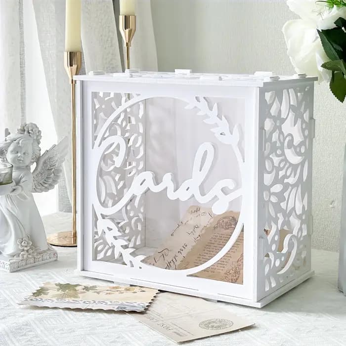 Boîte à cartes de mariage blanche pour réceptions, boîte à cartes cadeaux en PVC pour mariage avec fenêtres en acrylique, boîte à enveloppes rustique pour cadeaux en argent