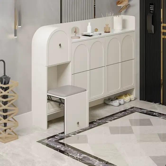 Meuble à chaussures moderne en bois crème ultra-fin et étroit avec tabouret confortable, organisateur de rangement pour entrée de maison