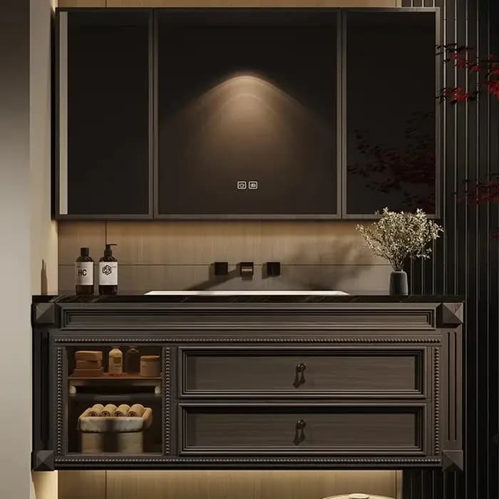 Armoire de salle de bain avec miroir organisateur, vanité minimaliste en bois, Solution de rangement