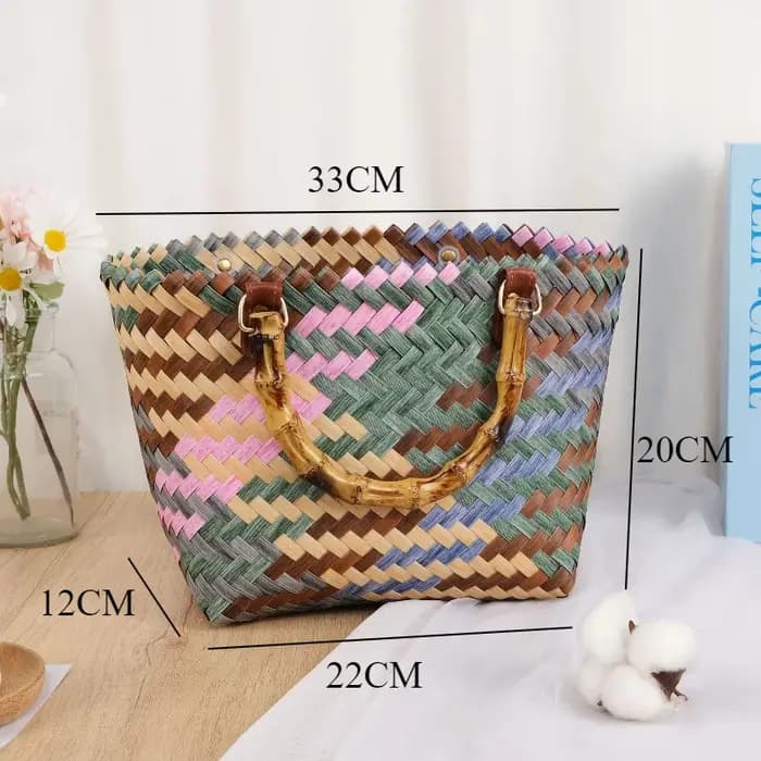 Panier de rangement tissé en plastique tendance avec motifs colorés, panier à main parfait pour l'or