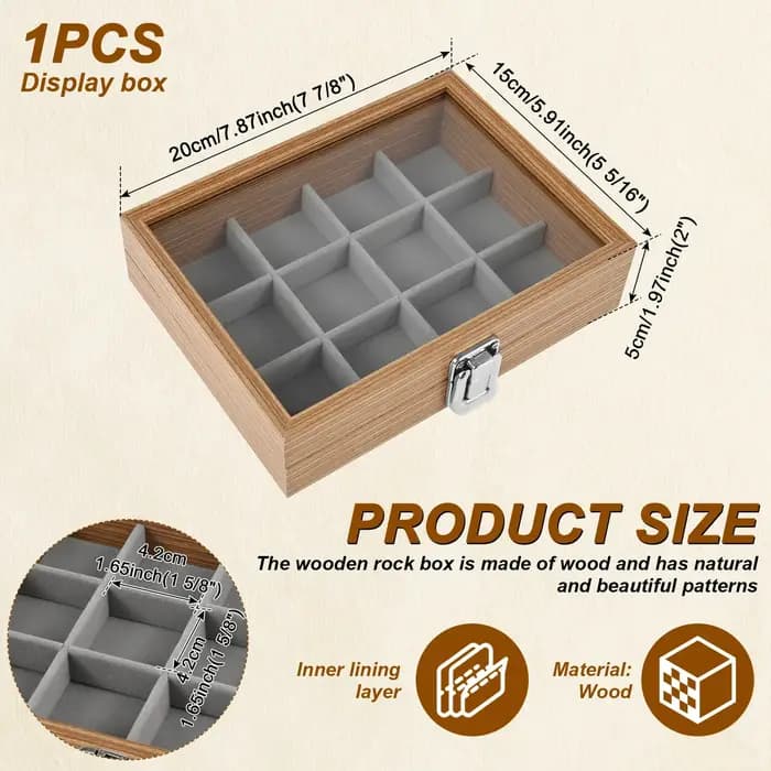 Boîte carrée transparente en bois à 12 compartiments pour collection de roches