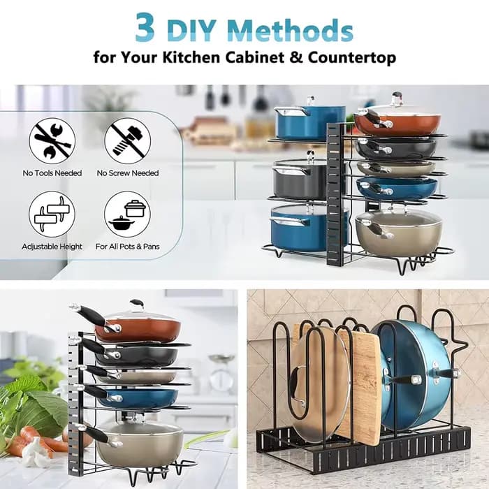 Support organisateur de casseroles à 8 niveaux, 3 méthodes de bricolage, armoire réglable, garde-man