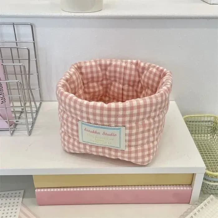Panier de rangement en tissu à carreaux et rayures