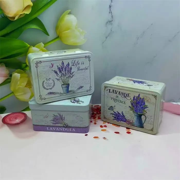 Boîte de rangement rectangulaire en métal floral lavande vintage avec couvercle à pression - Organisateur décoratif de