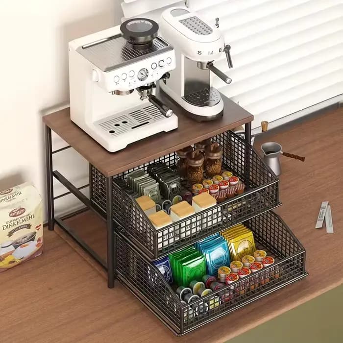 1 support de rangement pour comptoir de cuisine peu encombrant avec tiroirs et paniers métalliques