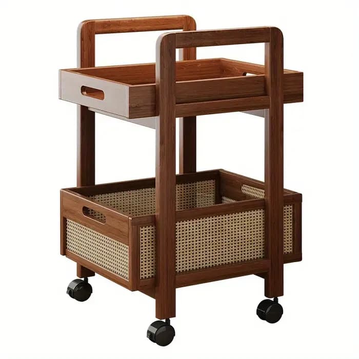 Chariot de rangement en rotin – Table d'appoint mobile avec paniers tissés
