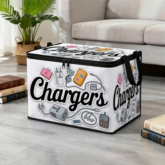 Boîte de rangement pliable avec couvercle pour vêtements, câbles électroniques et chargeurs, avec motif graphique moderne et fermeture éclair, conteneur de rangement à couvercle