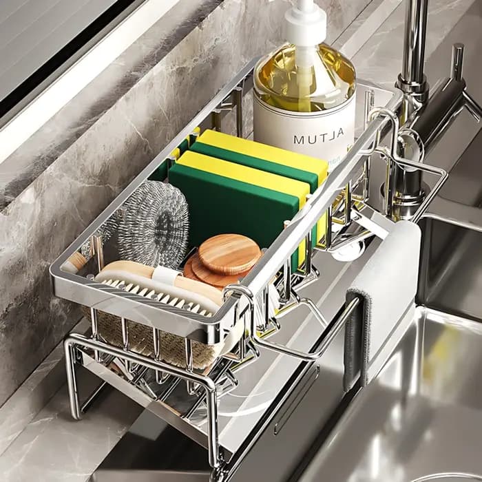 Égouttoir à vaisselle extensible en acier inoxydable pour comptoir de cuisine, avec rangement pour t