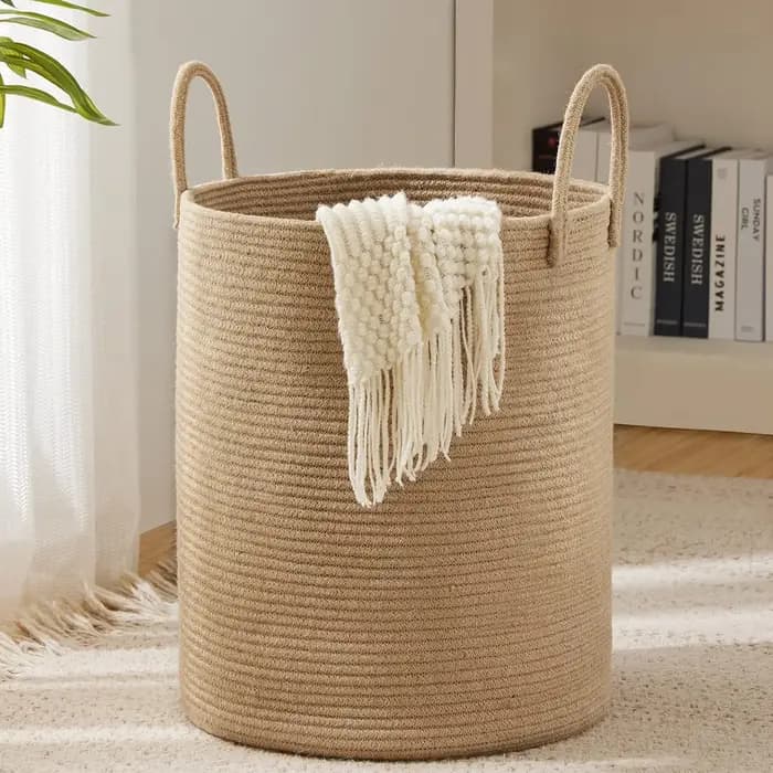 Grand panier de rangement décoratif tressé avec poignées, pliable, en corde de coton, pour vêtements