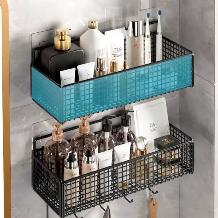 Étagère de rangement noire et blanche pour salle de bain