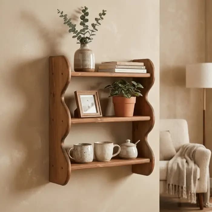 Étagère murale en bois à 3 niveaux, gain de place, avec vis, bord ondulé, grande capacité, étagère flottante en bois