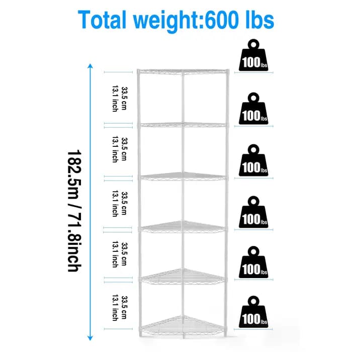 Étagère d'angle en fil métallique à 6 niveaux, étagère pentagonale T1, métal réglable, rapDuty, rang