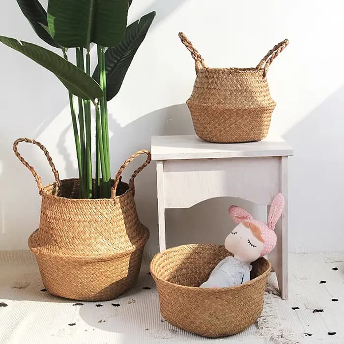 Paniers de rangement paille osier rotin suspendu pot de fleurs jonc de mer pliant linge Clthoes