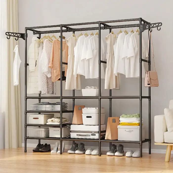 Porte-manteau vertical en métal double rangée pour rangement de vêtements et étagère de sol multifonctionnelle pour chambre à coucher