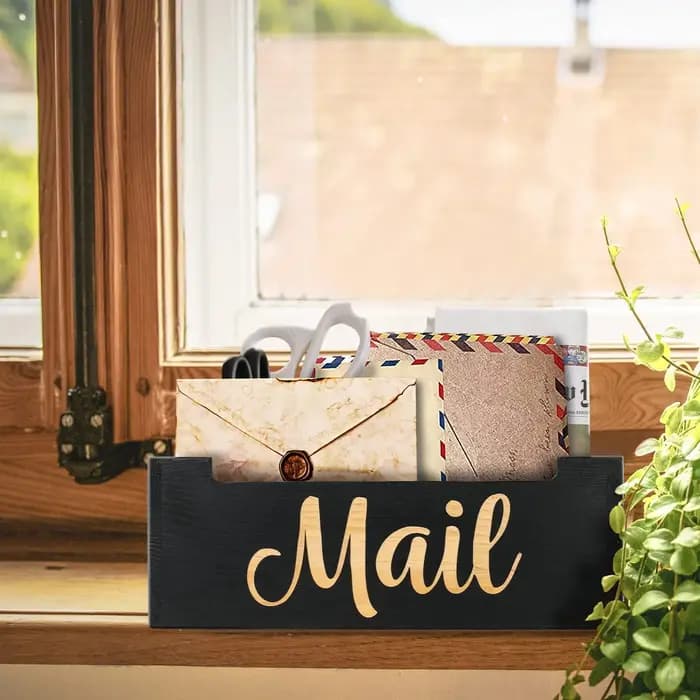 Organisateur de courrier en bois massif - Panier à enveloppes rustique pour bureau