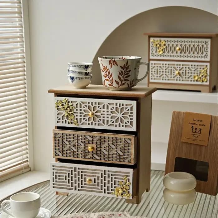 Nouvelle armoire de rangement de bureau en bois sculpté de style rétro – Organisateur multi-niveaux à tiroirs