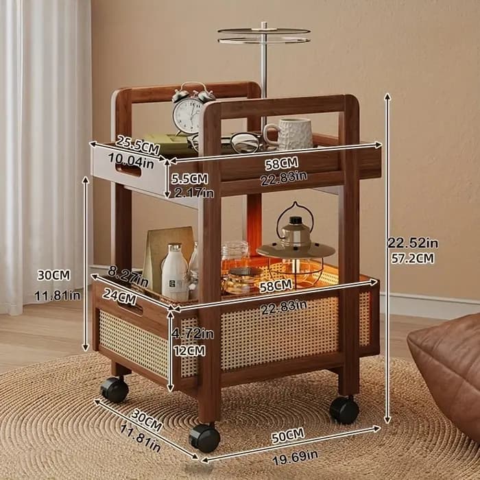 Chariot de rangement en rotin – Table d'appoint mobile avec paniers tissés