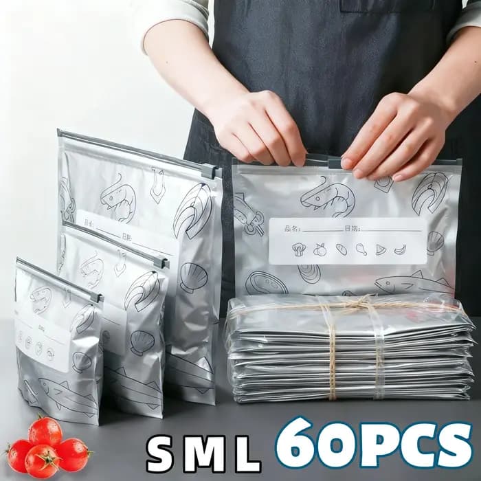 10/60 sacs de conservation en aluminium, hermétiques pour congélateur, organisateurs de rangement, emballage alimentaire réutilisable, sacs anti-odeur pour garde-manger, essentiel de cuisine