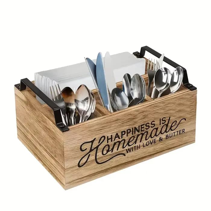 Organisateur d'ustensiles de cuisine en bois classique de haute qualité - Boîte de rangement portable avec design