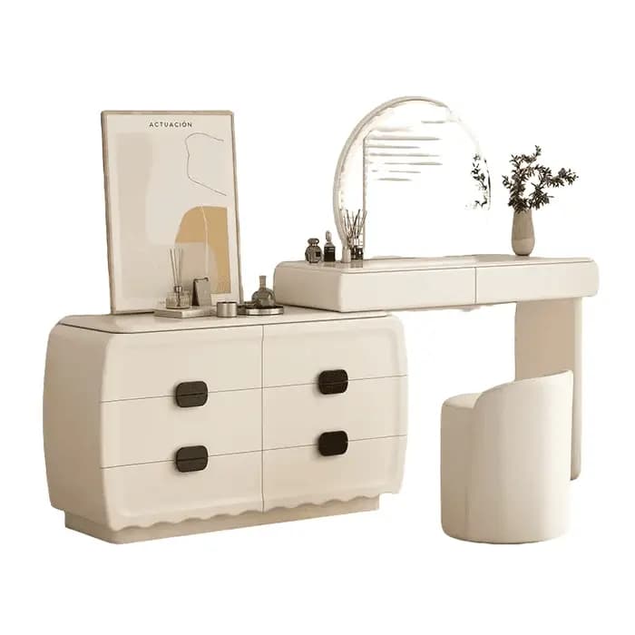 Coiffeuse compacte de luxe blanche moderne avec miroir, tiroirs et siège, meuble de rangement en boi