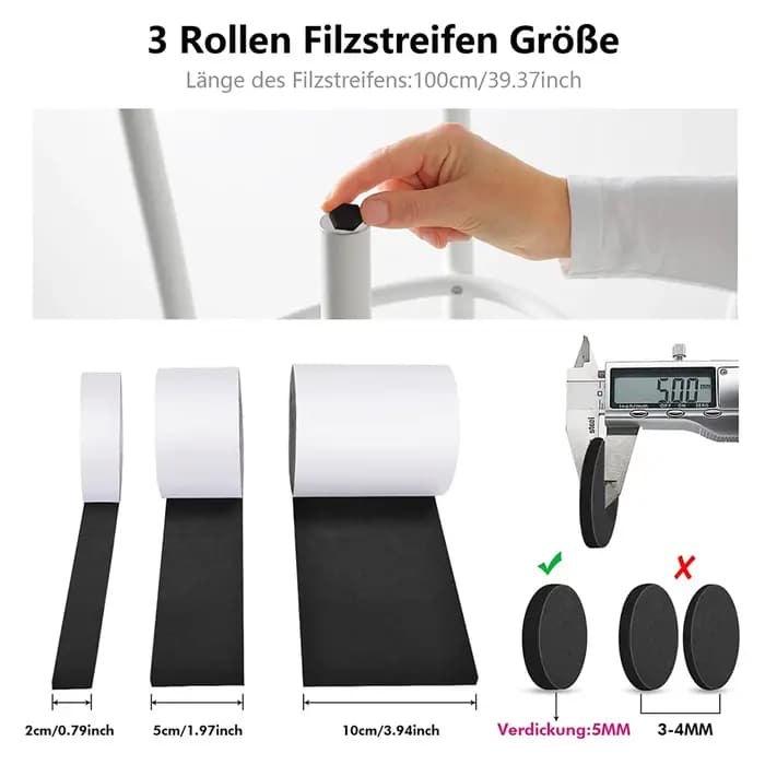 Ders foetaux en feutre auto-adhésifs pour chaises, 3 rouleaux, 100x10 cm, 100x5 cm, 100x2 cm, 5 mm