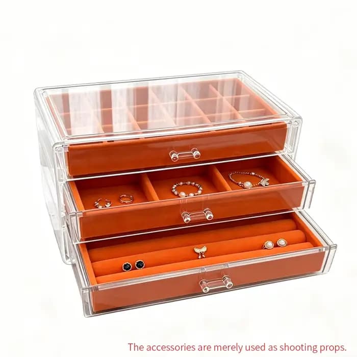 Boîte à bijoux orange à trois couches 18+6+ compartiments en éponge - boîte de rangement pour bijoux