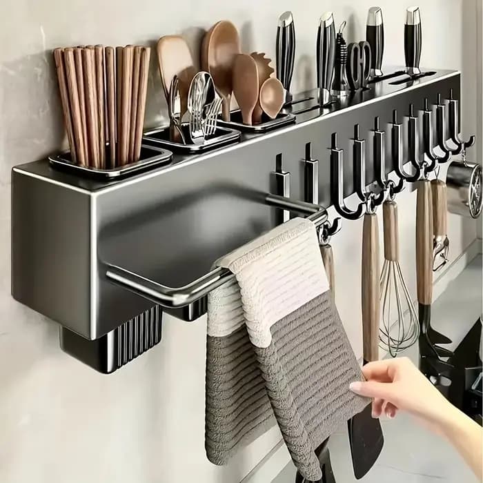 Support de rangement mural multifonctionnel en acier inoxydable pour ustensiles de cuisine