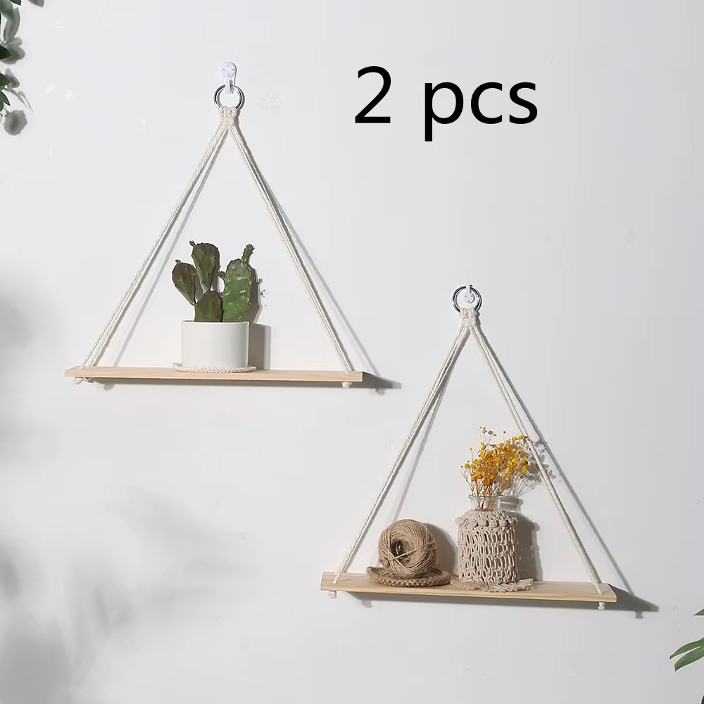 2 paquets d'étagères murales en macramé, étagère murale suspendue en bois, rangement de plantes, déc