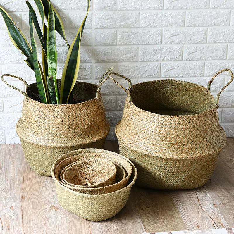 Mir de rangement tissé en jonc de mer WUNICEF, pot de fleurs de plantation pliable, panier à linge d