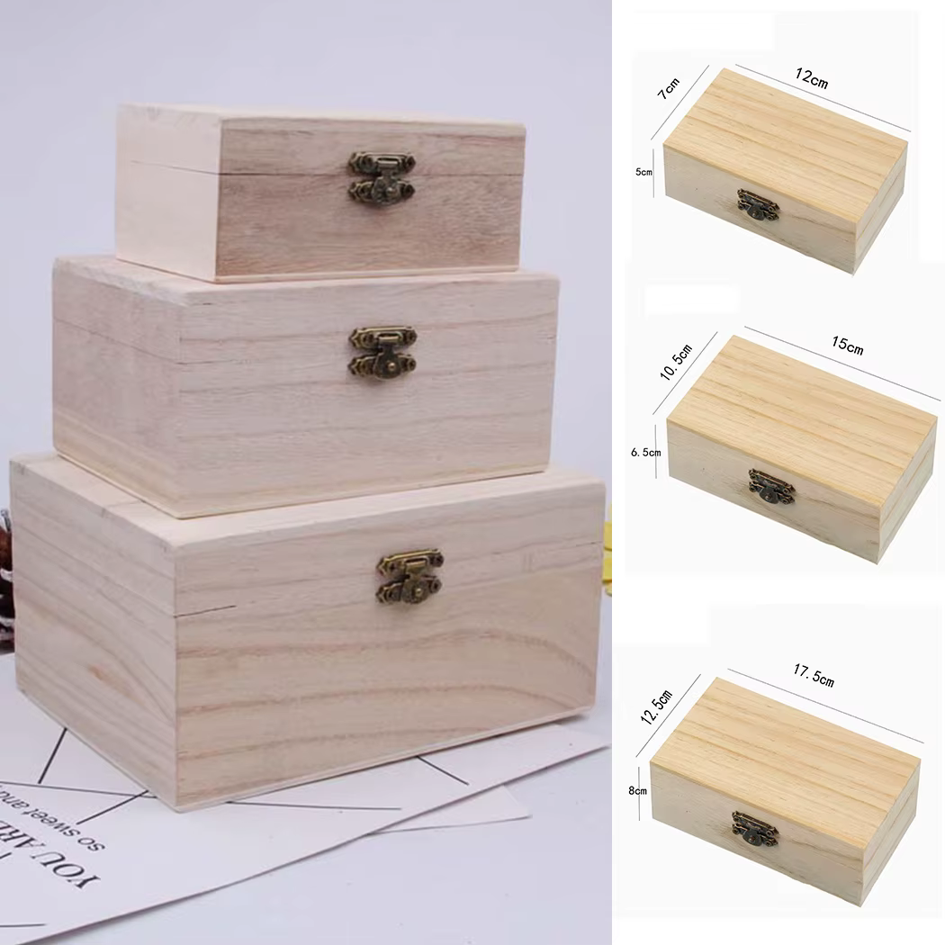 Boîte de rangement en bois S/M/L, bois uni + couvercle, boîtes cadeaux artisanales multifonctions à