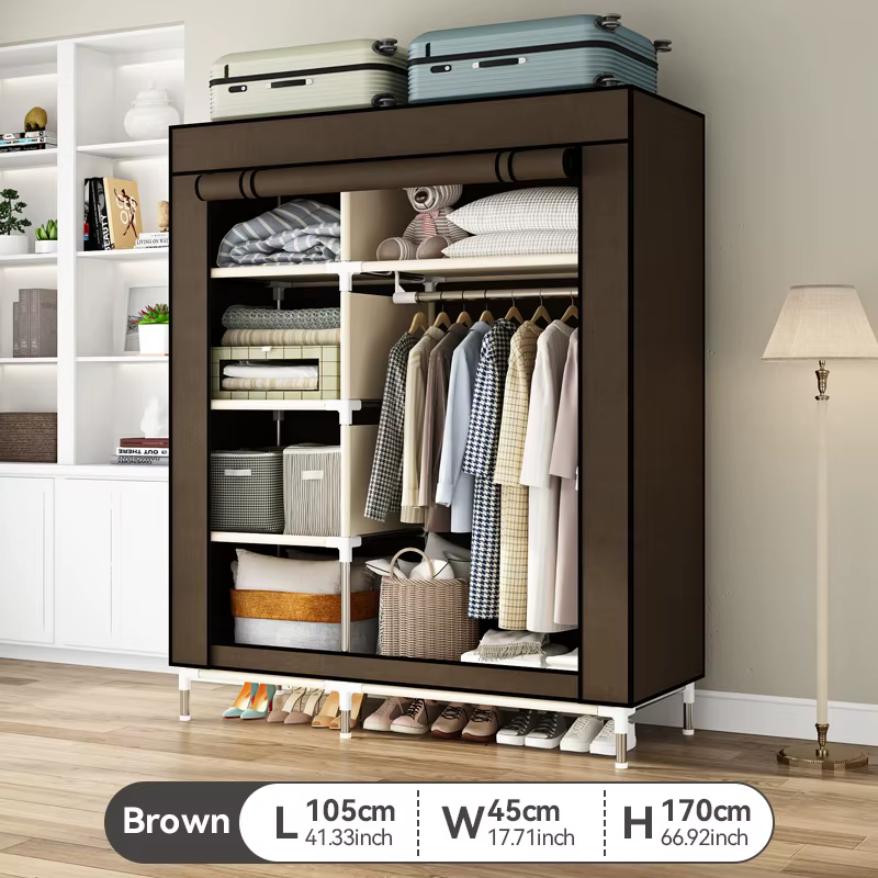 Armoire Portable avec 6 Étagères Suspendues, Rangement dans la Chambre, Juste Non Tissée, Marron, Ex