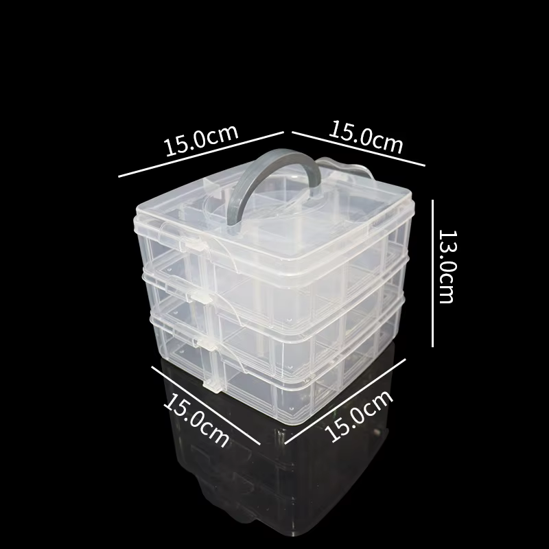 Conteneur de rangement empilable à 3 couches, compartiments réglables en plastique transparent, boît