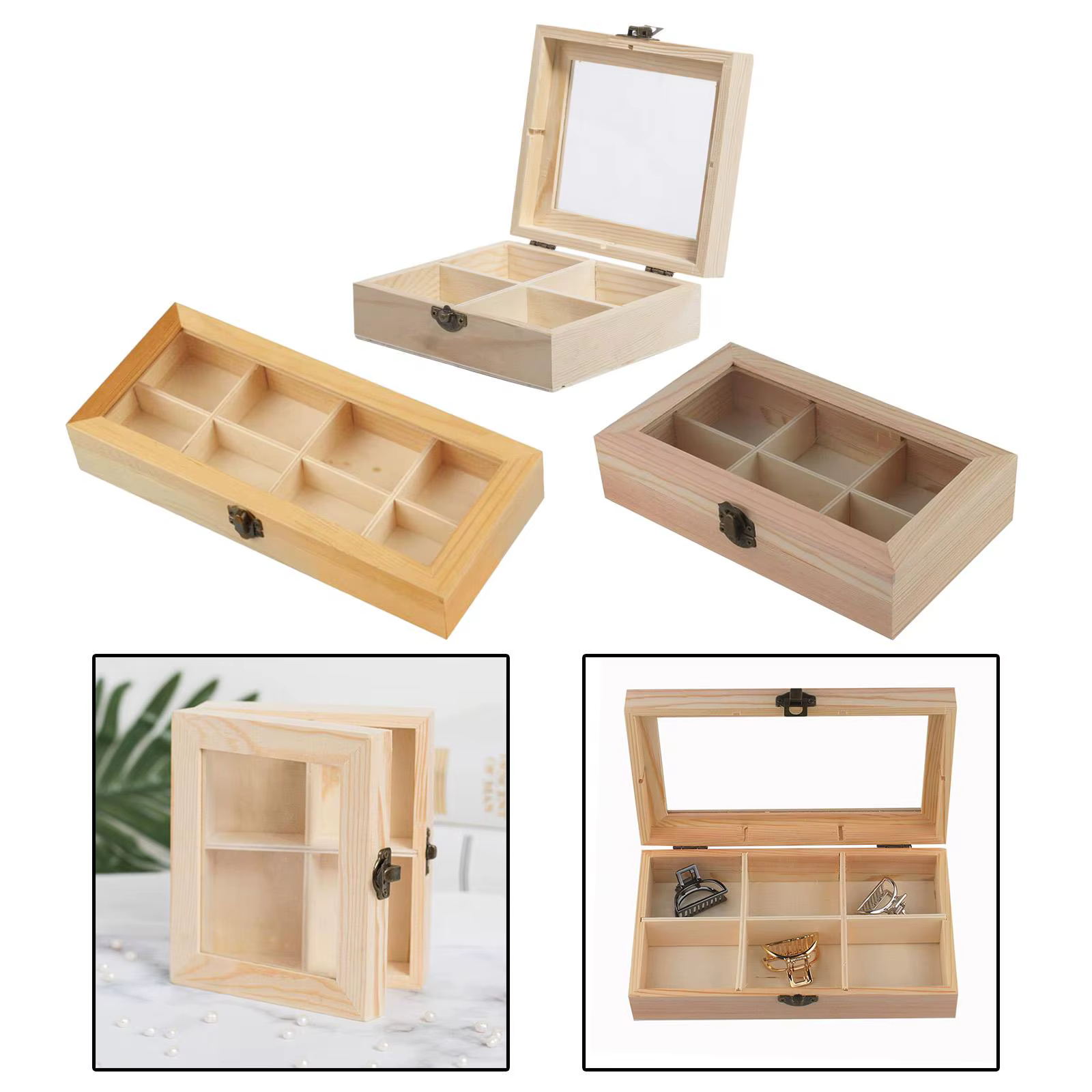 Boîte à thé en bois avec fenêtre en verre, vitrine à café, coffre à sachets de thé, compartiment 4, 