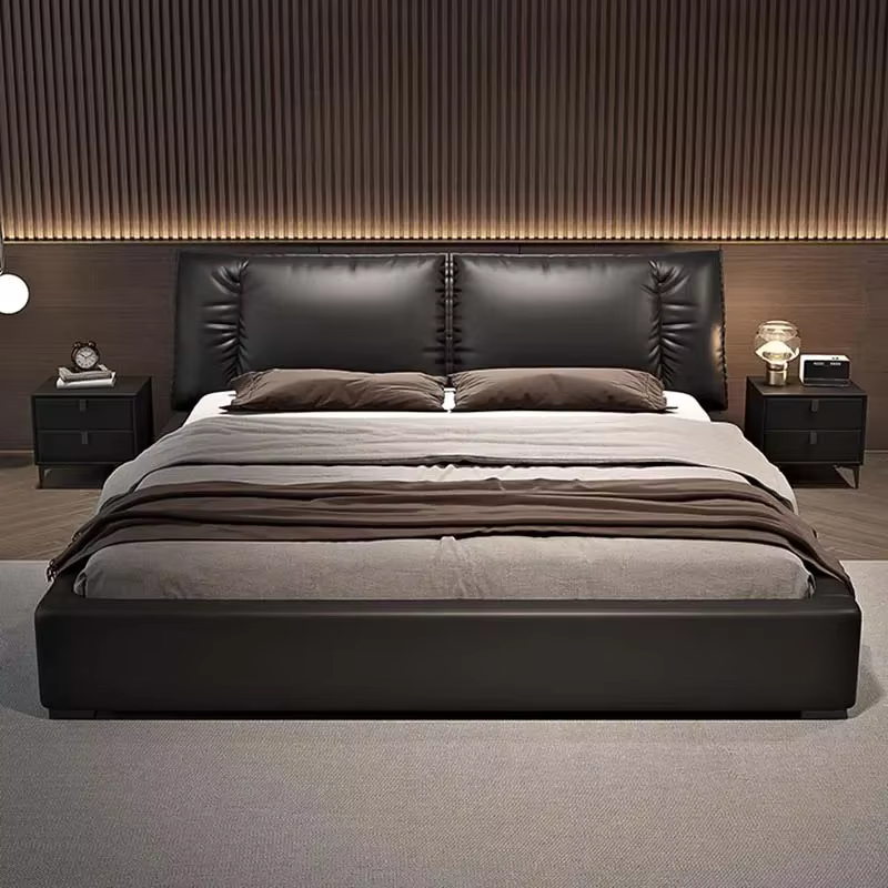 Lit multifonctionnel en cuir esthétique nordique moderne, chambre à coucher, lit Queen Size, rangeme