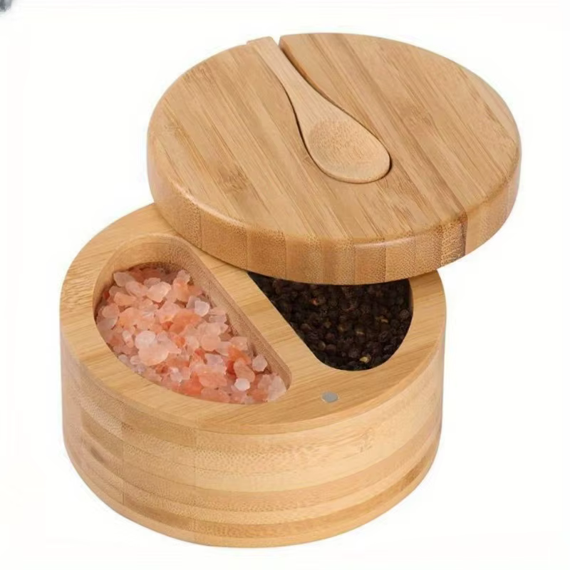 Produits de cuisine écologiques, boîte de rangement Triple sel et épices en bois de bambou avec couv