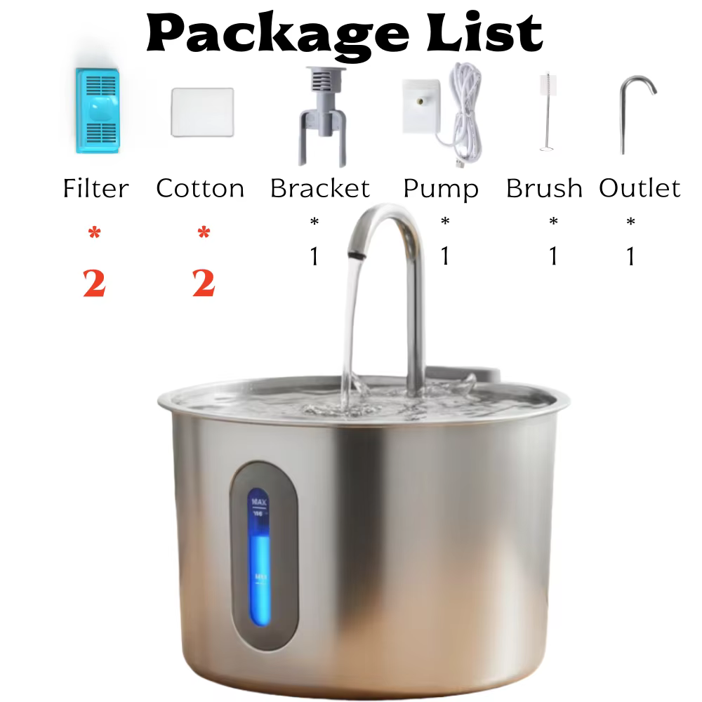 Fontaine à eau pour chats 74oz/2.2L en acier inoxydable, distributeur d'eau intérieur sur pied avec 