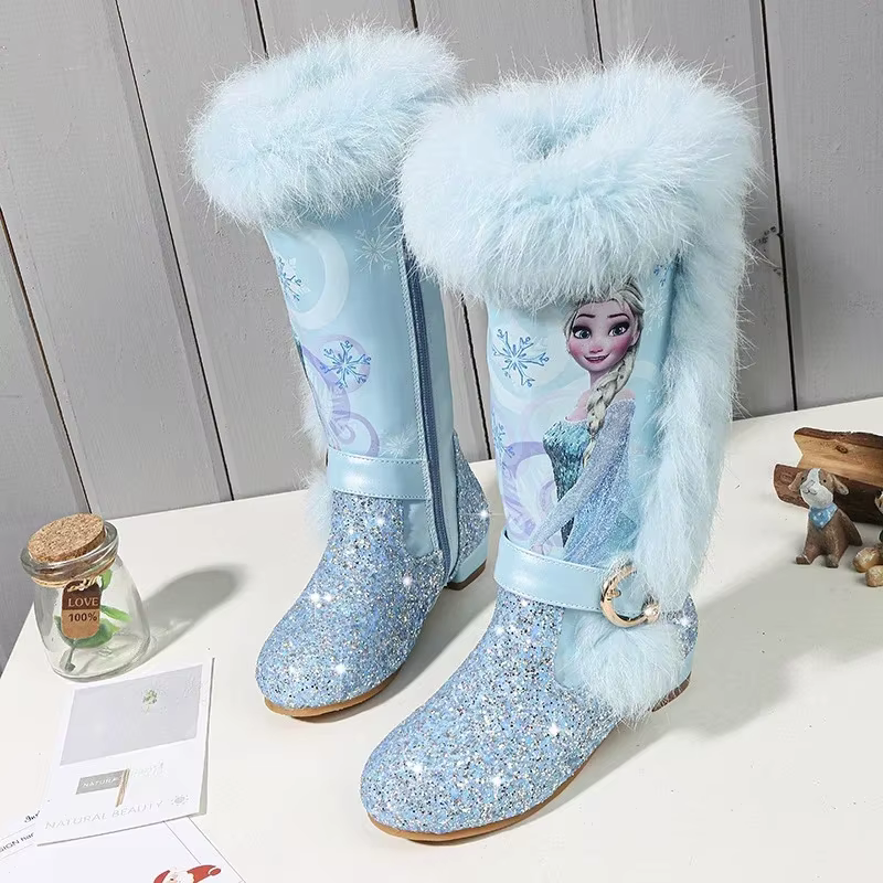 Bottes de princesse de dessin animé Disney pour filles, bottes à la mode et chaussures en velours po