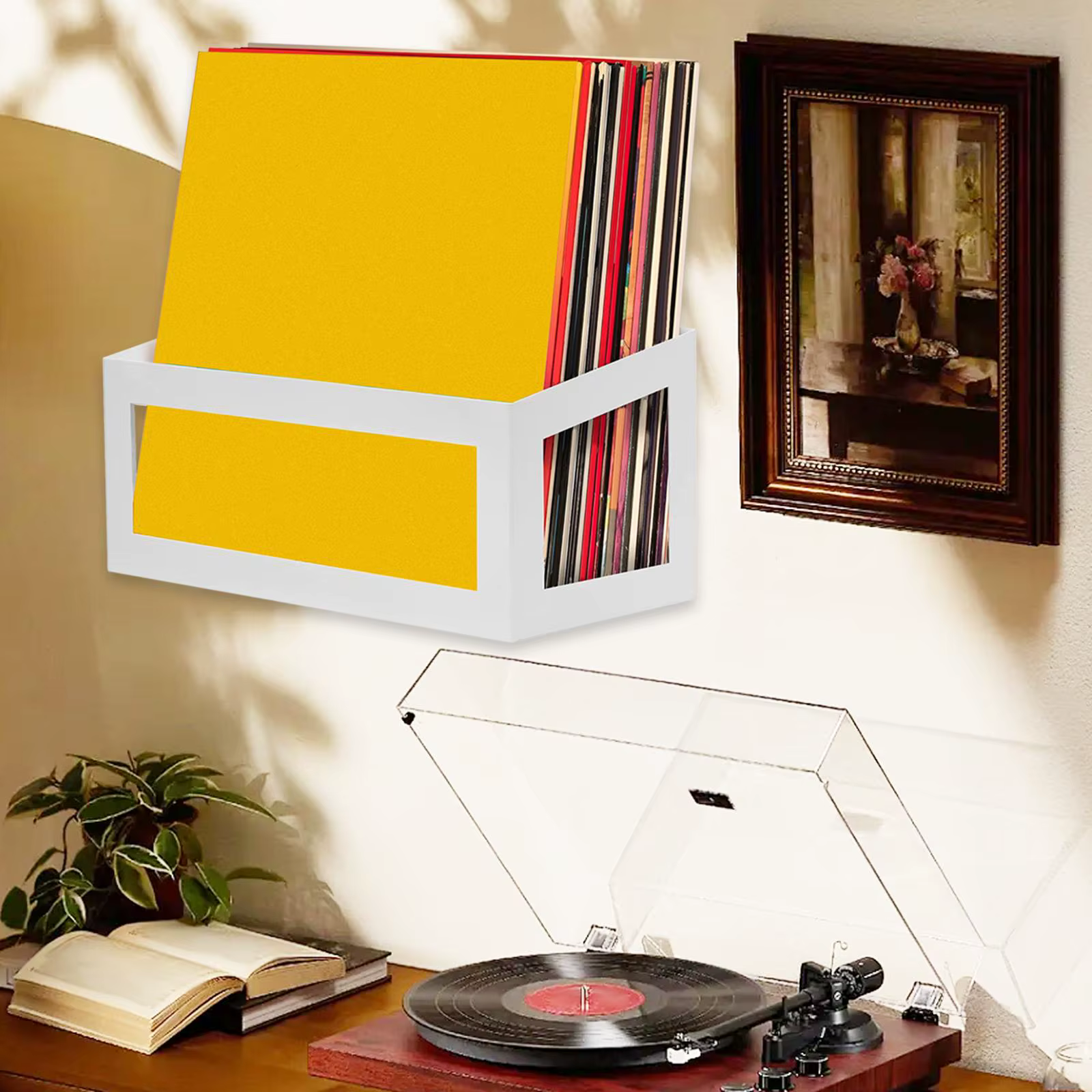 Étagère murale moderne en métal pour disques vinyles et CD, idéale pour salle de musique ou espace d