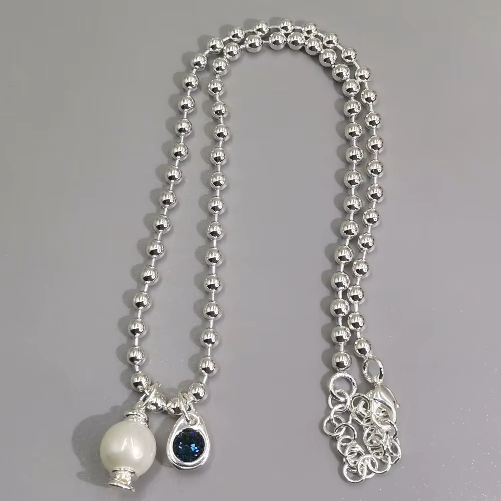 Collier chaîne de perles rondes avec pendentif double perle et cristal bleu, niche, luxe léger, acce