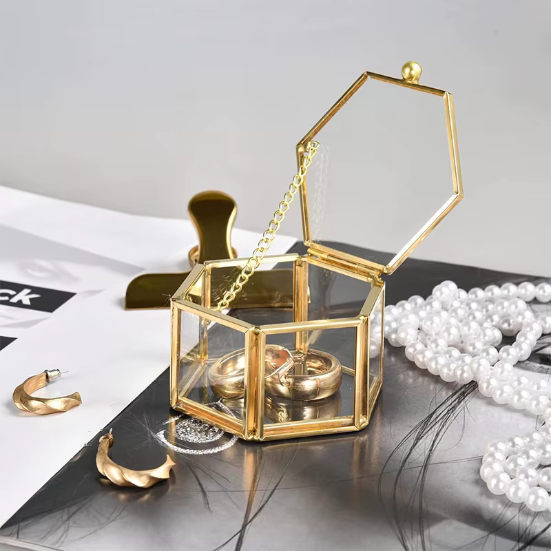 Boîte à bagues hexagonale haut de gamme, boîte d'accessoires en or et bijoux, boîte de rangement de