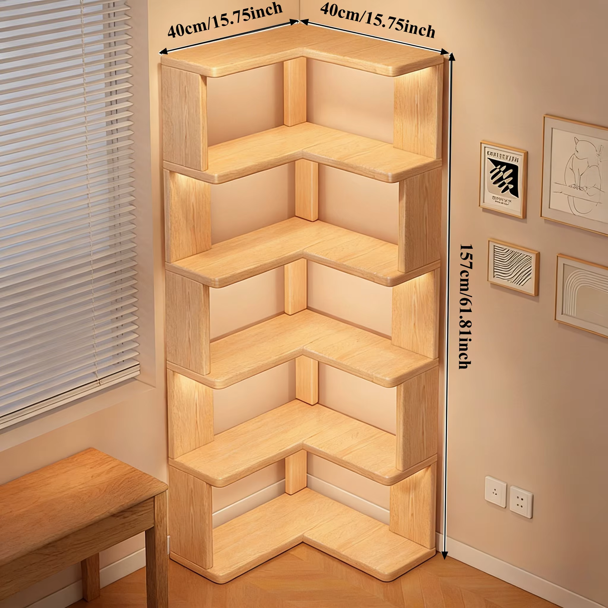 Étagère d'angle en bois, meuble d'angle multi-niveaux, étagère de rangement au sol, étagère de range