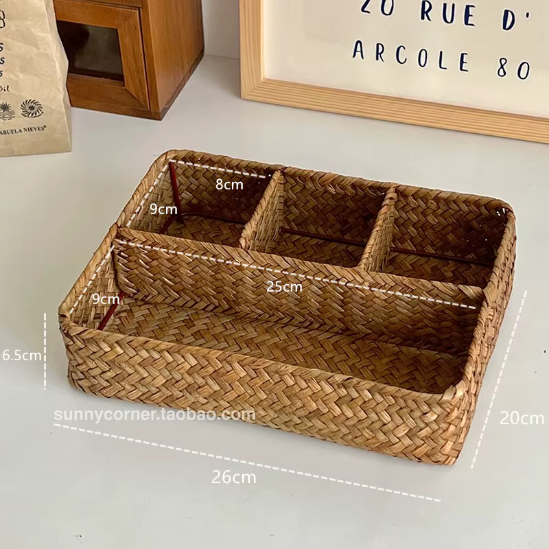 Boîte de rangement de cosmétiques en herbe tissée de Style japonais, organisateur divisé à la maison